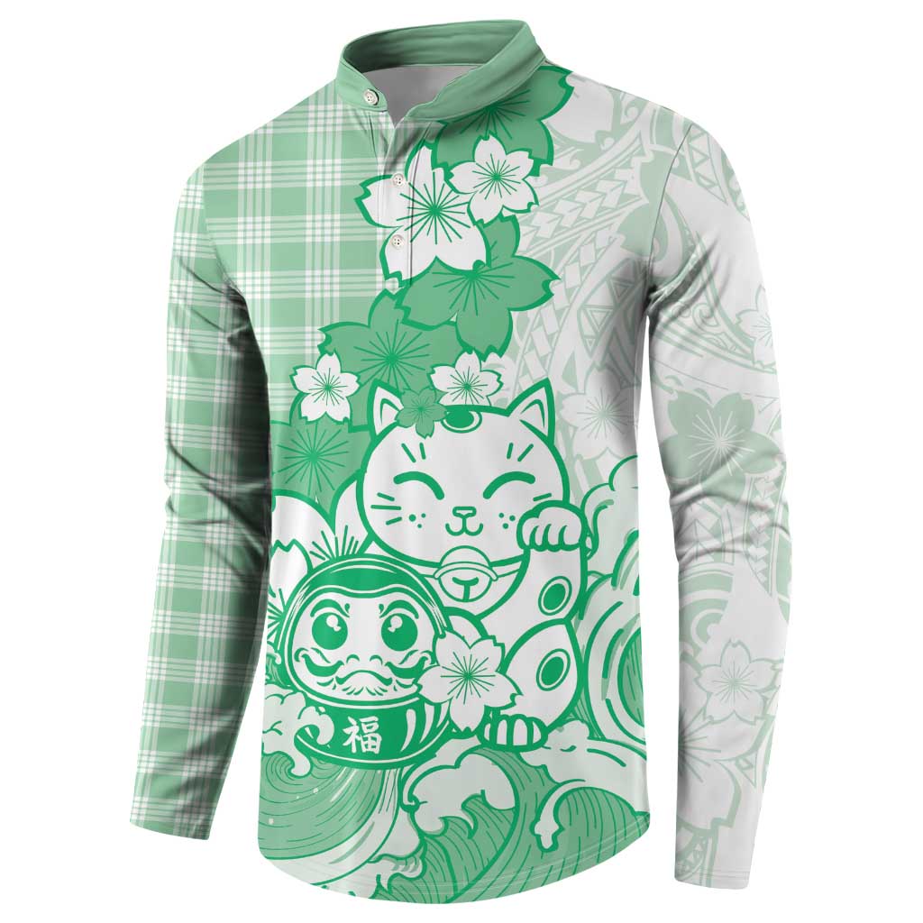 Green Palaka Hawaiian And Japanese Button Sweatshirt Maneki Neko And Sakura Bloom