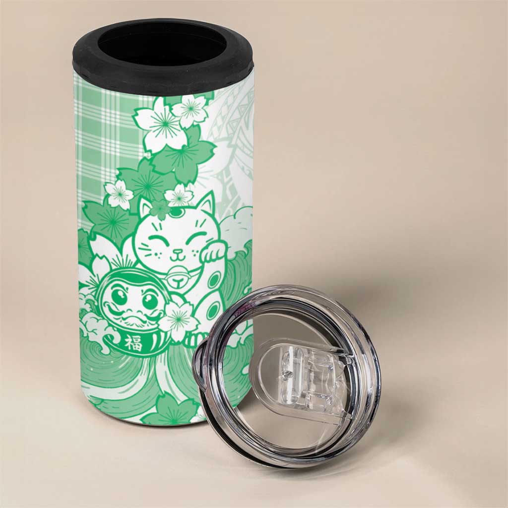 Green Palaka Hawaiian And Japanese 4 in 1 Can Cooler Tumbler Maneki Neko And Sakura Bloom