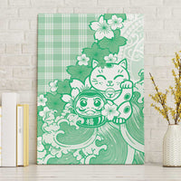 Green Palaka Hawaiian And Japanese Canvas Wall Art Maneki Neko And Sakura Bloom DT05 Without Frame Green - Polynesian Pride