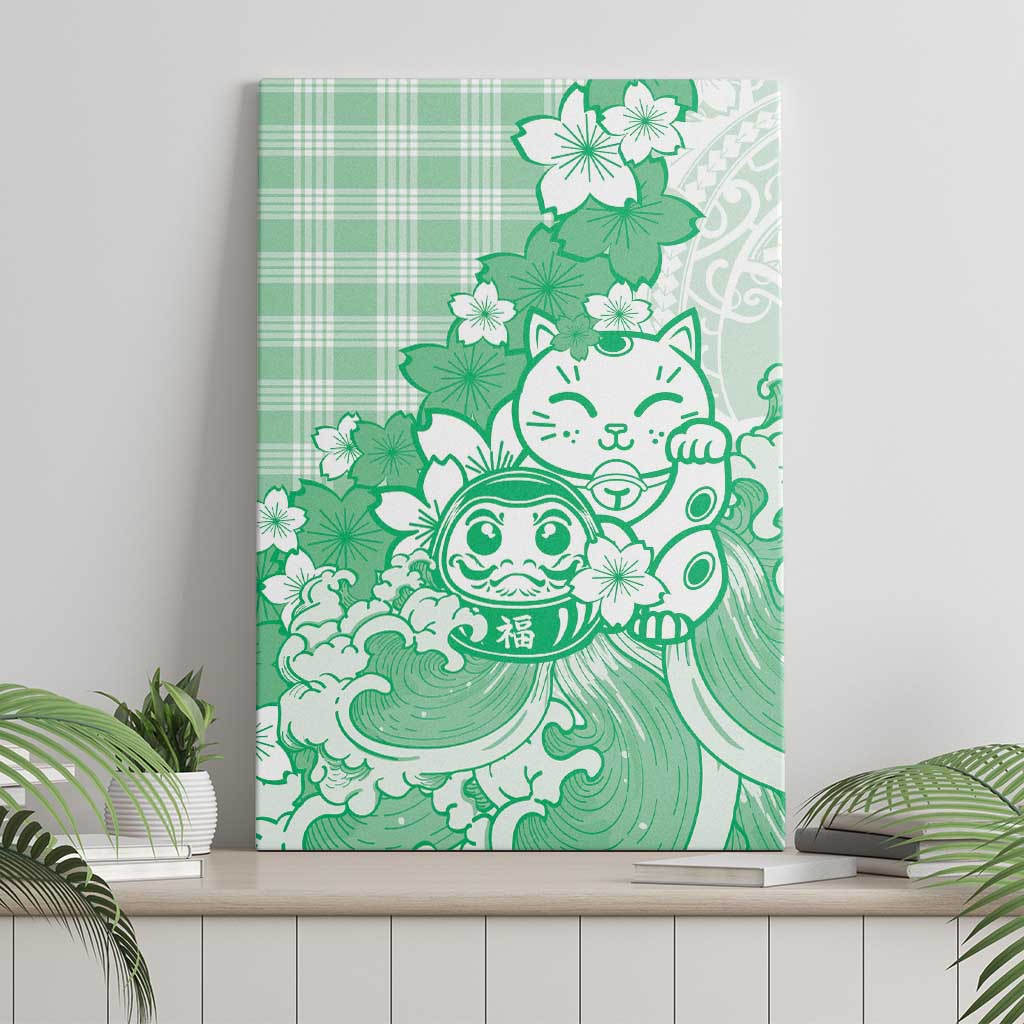 Green Palaka Hawaiian And Japanese Canvas Wall Art Maneki Neko And Sakura Bloom DT05 - Polynesian Pride