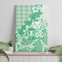 Green Palaka Hawaiian And Japanese Canvas Wall Art Maneki Neko And Sakura Bloom DT05 - Polynesian Pride
