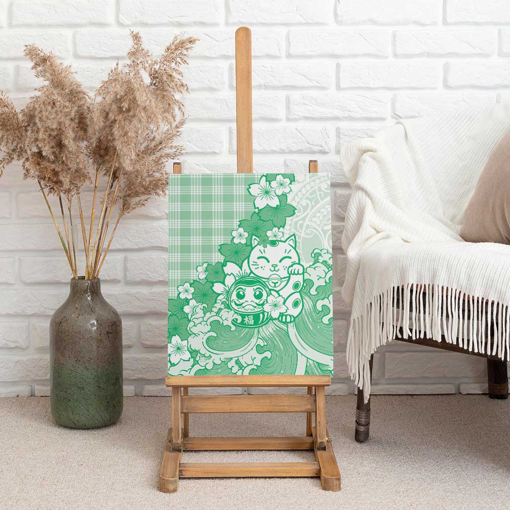 Green Palaka Hawaiian And Japanese Canvas Wall Art Maneki Neko And Sakura Bloom DT05 - Polynesian Pride