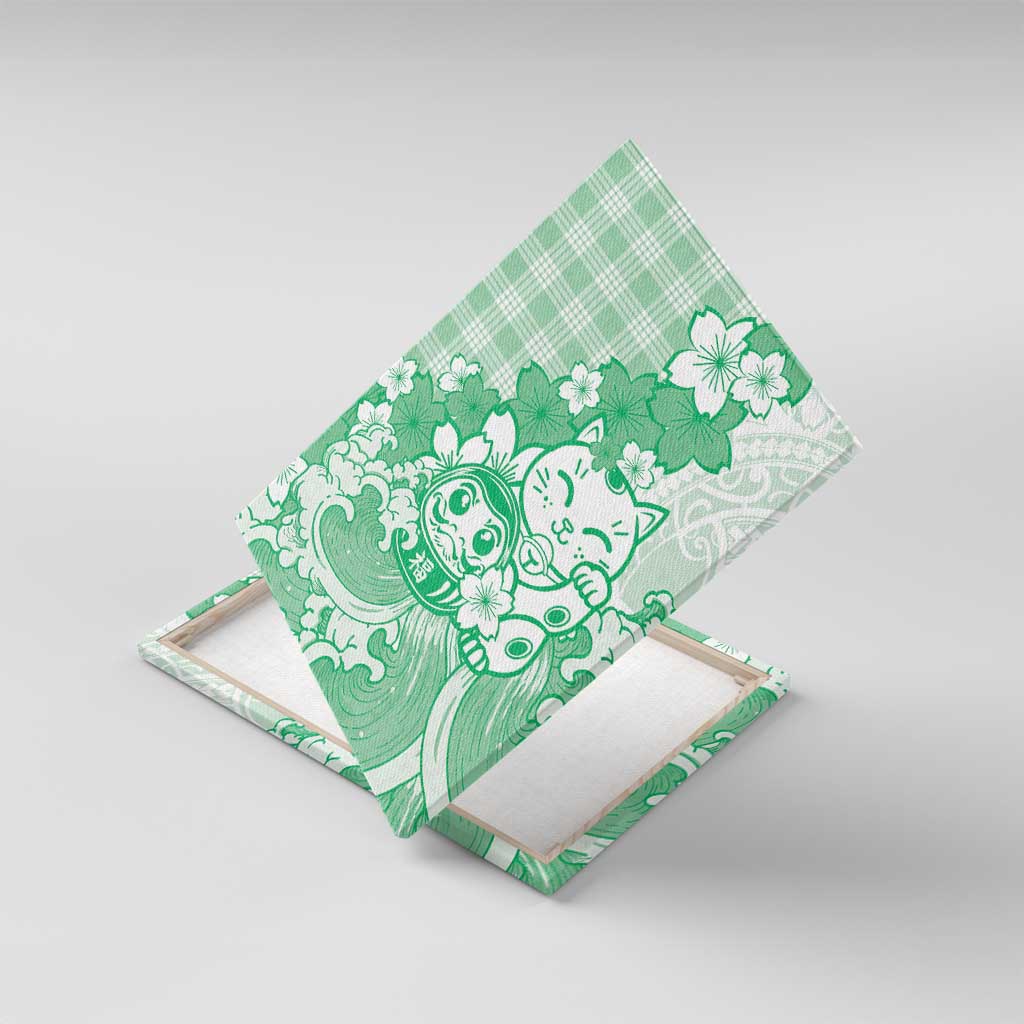 Green Palaka Hawaiian And Japanese Canvas Wall Art Maneki Neko And Sakura Bloom DT05 With Frame Green - Polynesian Pride