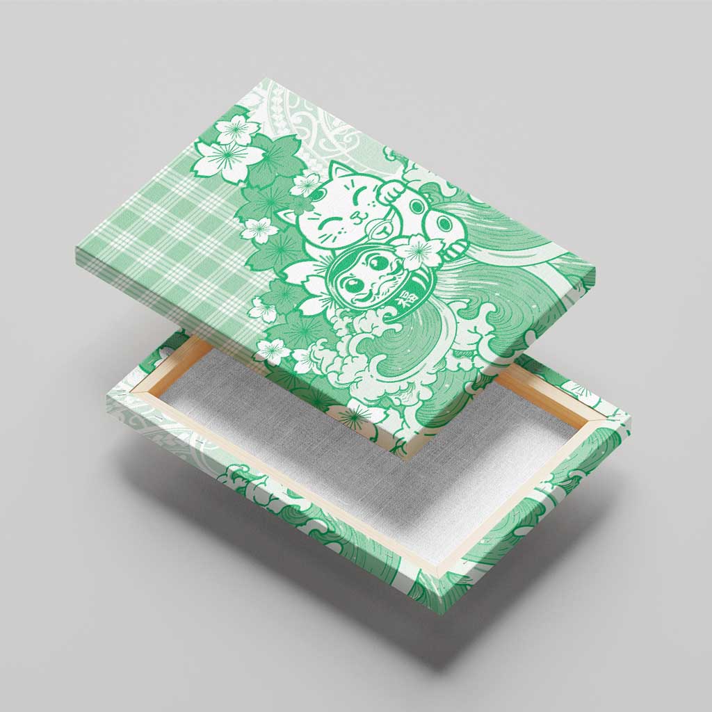 Green Palaka Hawaiian And Japanese Canvas Wall Art Maneki Neko And Sakura Bloom DT05 - Polynesian Pride