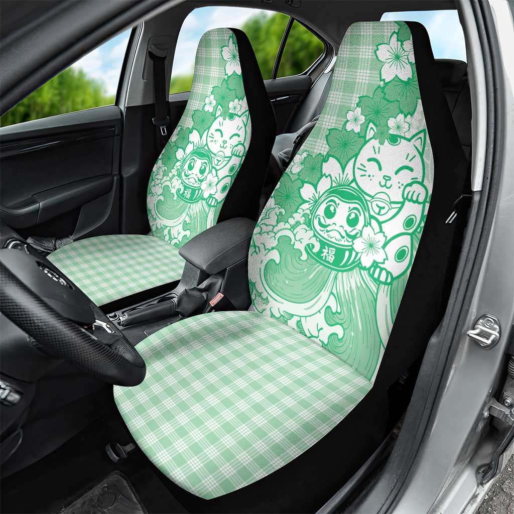Green Palaka Hawaiian And Japanese Car Seat Cover Maneki Neko And Sakura Bloom