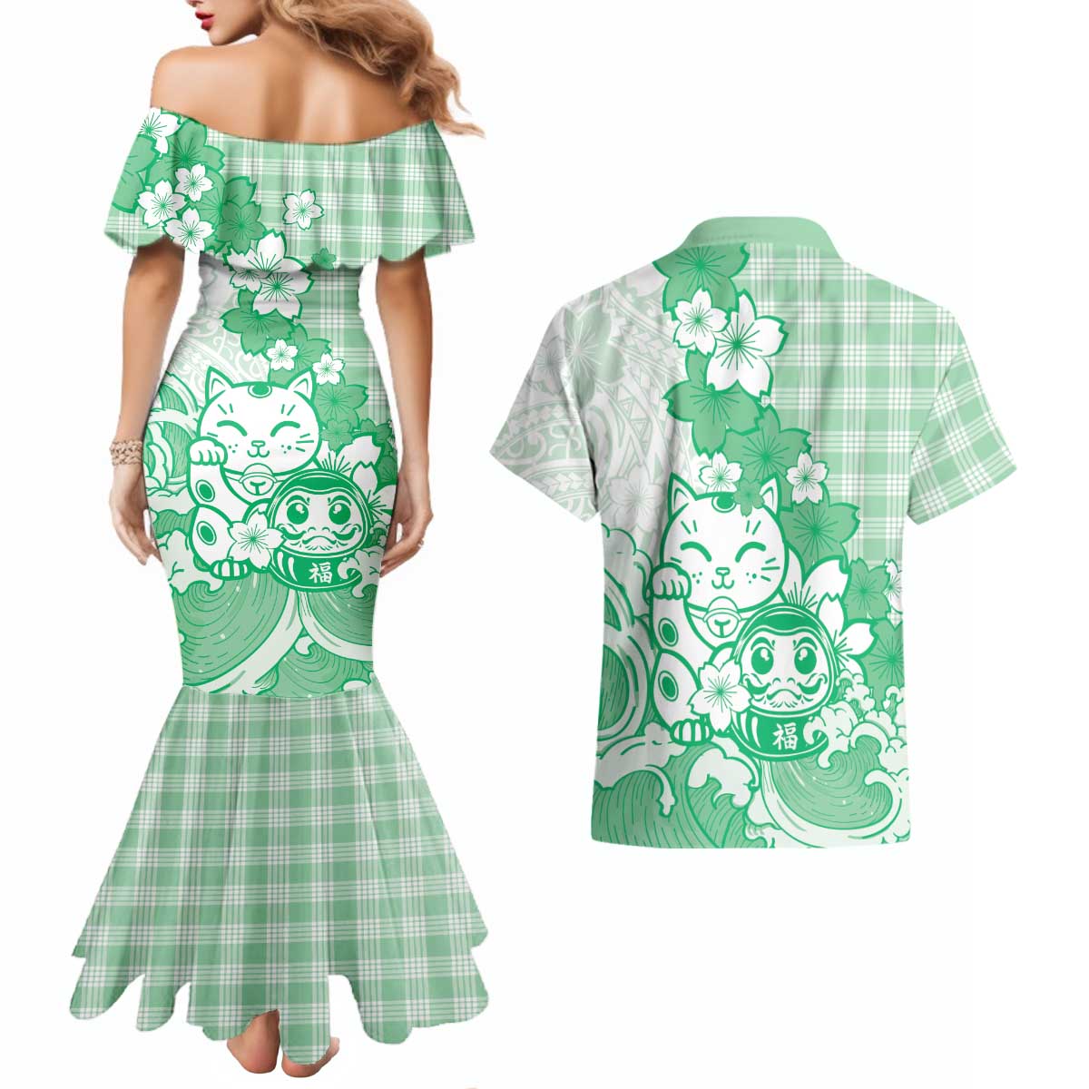 Green Palaka Hawaiian And Japanese Couples Matching Mermaid Dress and Hawaiian Shirt Maneki Neko And Sakura Bloom