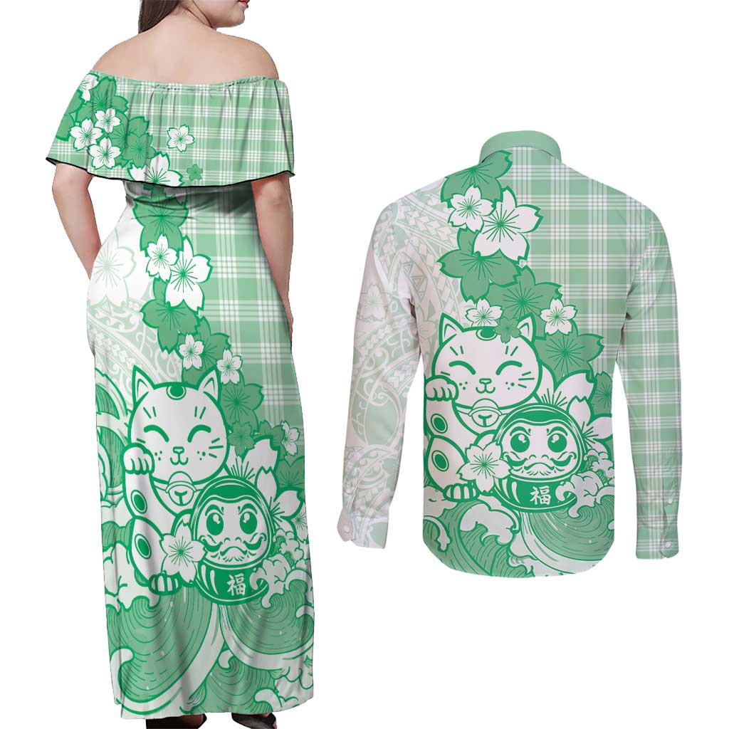 Green Palaka Hawaiian And Japanese Couples Matching Off Shoulder Maxi Dress and Long Sleeve Button Shirt Maneki Neko And Sakura Bloom