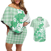 Green Palaka Hawaiian And Japanese Couples Matching Off Shoulder Short Dress and Hawaiian Shirt Maneki Neko And Sakura Bloom