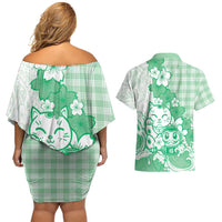 Green Palaka Hawaiian And Japanese Couples Matching Off Shoulder Short Dress and Hawaiian Shirt Maneki Neko And Sakura Bloom