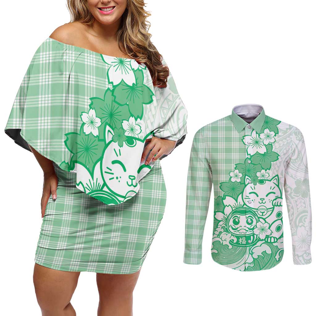 Green Palaka Hawaiian And Japanese Couples Matching Off Shoulder Short Dress and Long Sleeve Button Shirt Maneki Neko And Sakura Bloom