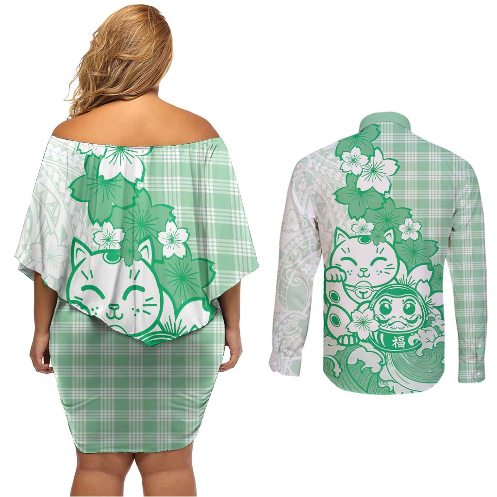 Green Palaka Hawaiian And Japanese Couples Matching Off Shoulder Short Dress and Long Sleeve Button Shirt Maneki Neko And Sakura Bloom