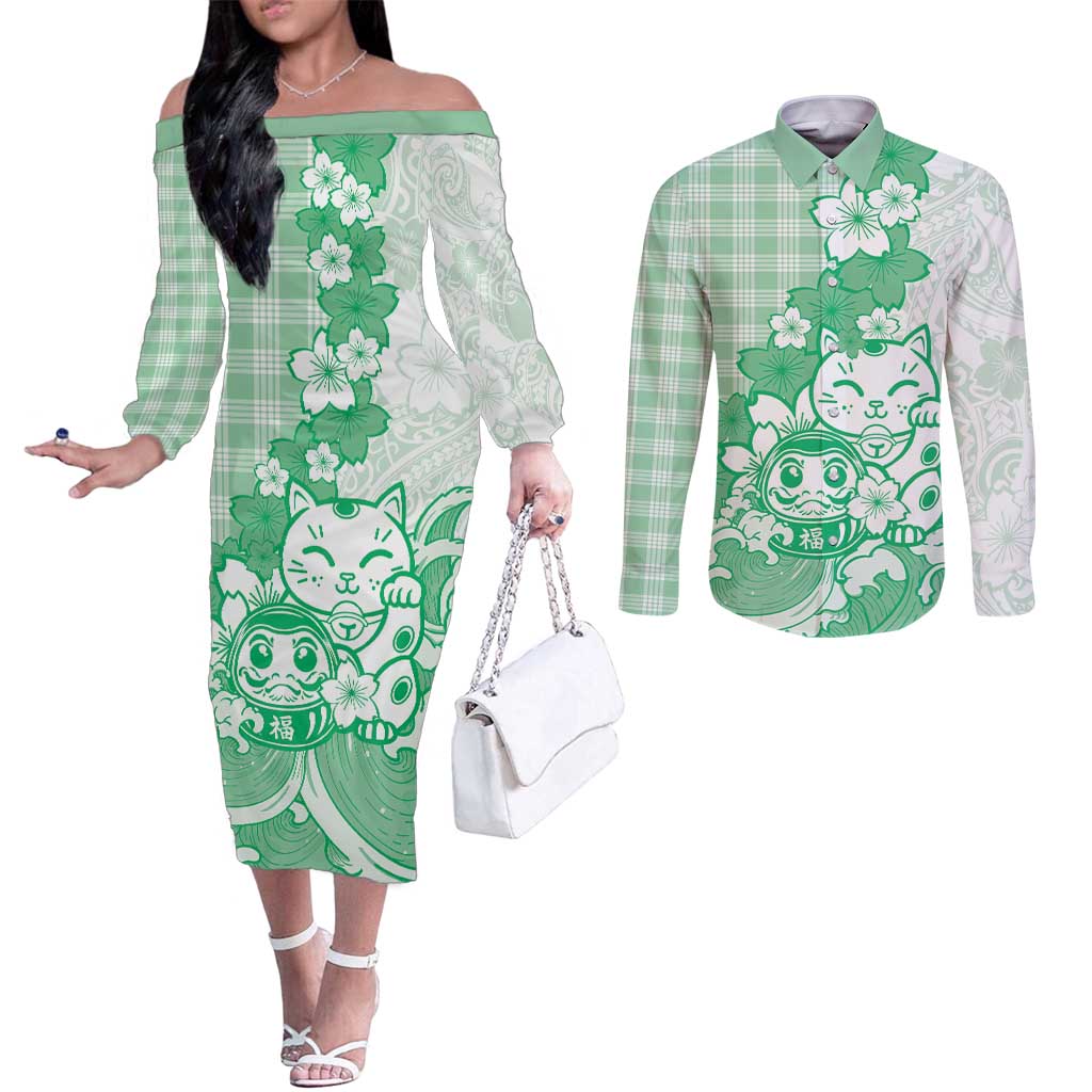 Green Palaka Hawaiian And Japanese Couples Matching Off The Shoulder Long Sleeve Dress and Long Sleeve Button Shirt Maneki Neko And Sakura Bloom