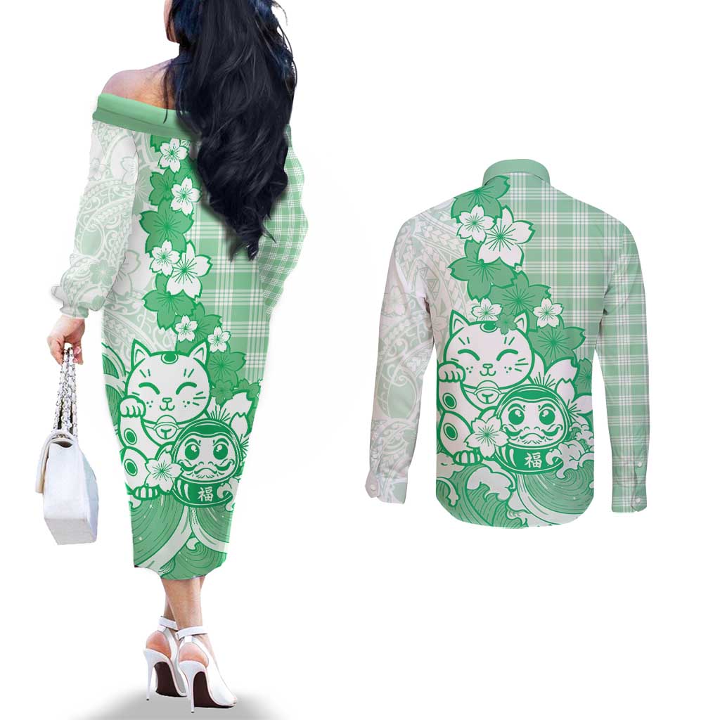 Green Palaka Hawaiian And Japanese Couples Matching Off The Shoulder Long Sleeve Dress and Long Sleeve Button Shirt Maneki Neko And Sakura Bloom