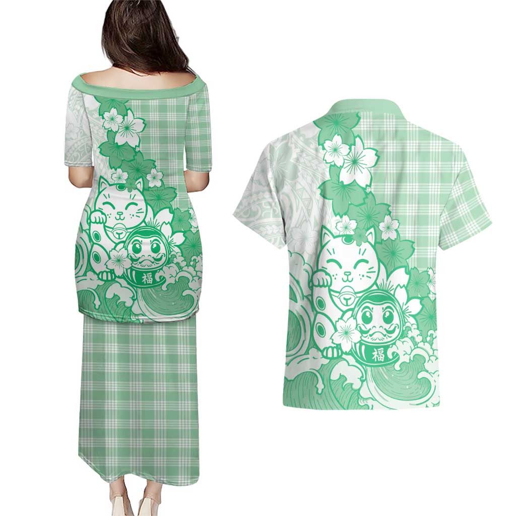 Green Palaka Hawaiian And Japanese Couples Matching Puletasi and Hawaiian Shirt Maneki Neko And Sakura Bloom