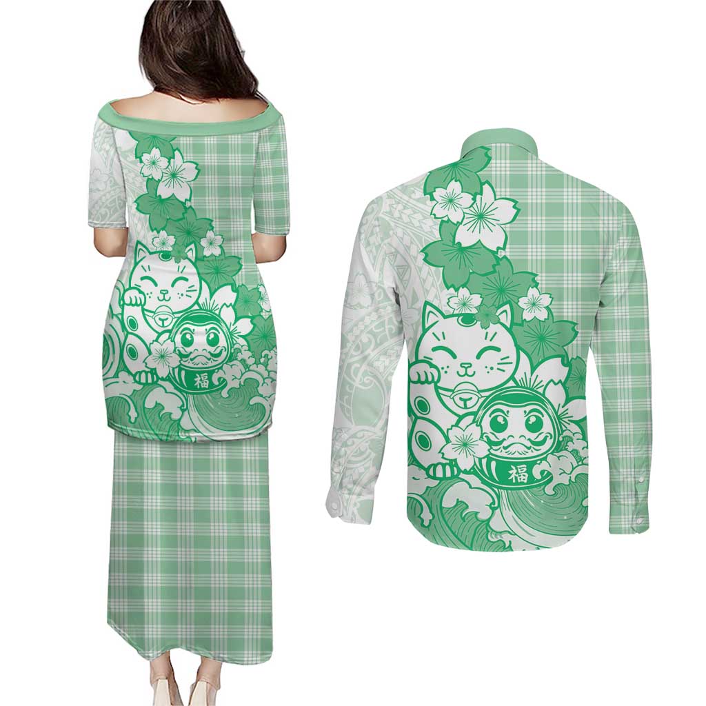 Green Palaka Hawaiian And Japanese Couples Matching Puletasi and Long Sleeve Button Shirt Maneki Neko And Sakura Bloom