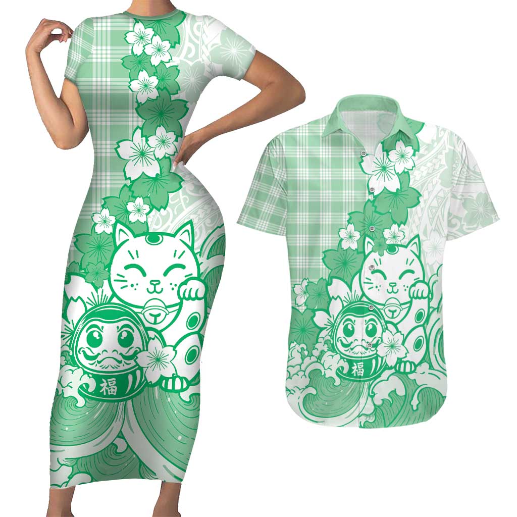 Green Palaka Hawaiian And Japanese Couples Matching Short Sleeve Bodycon Dress and Hawaiian Shirt Maneki Neko And Sakura Bloom