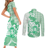 Green Palaka Hawaiian And Japanese Couples Matching Short Sleeve Bodycon Dress and Long Sleeve Button Shirt Maneki Neko And Sakura Bloom