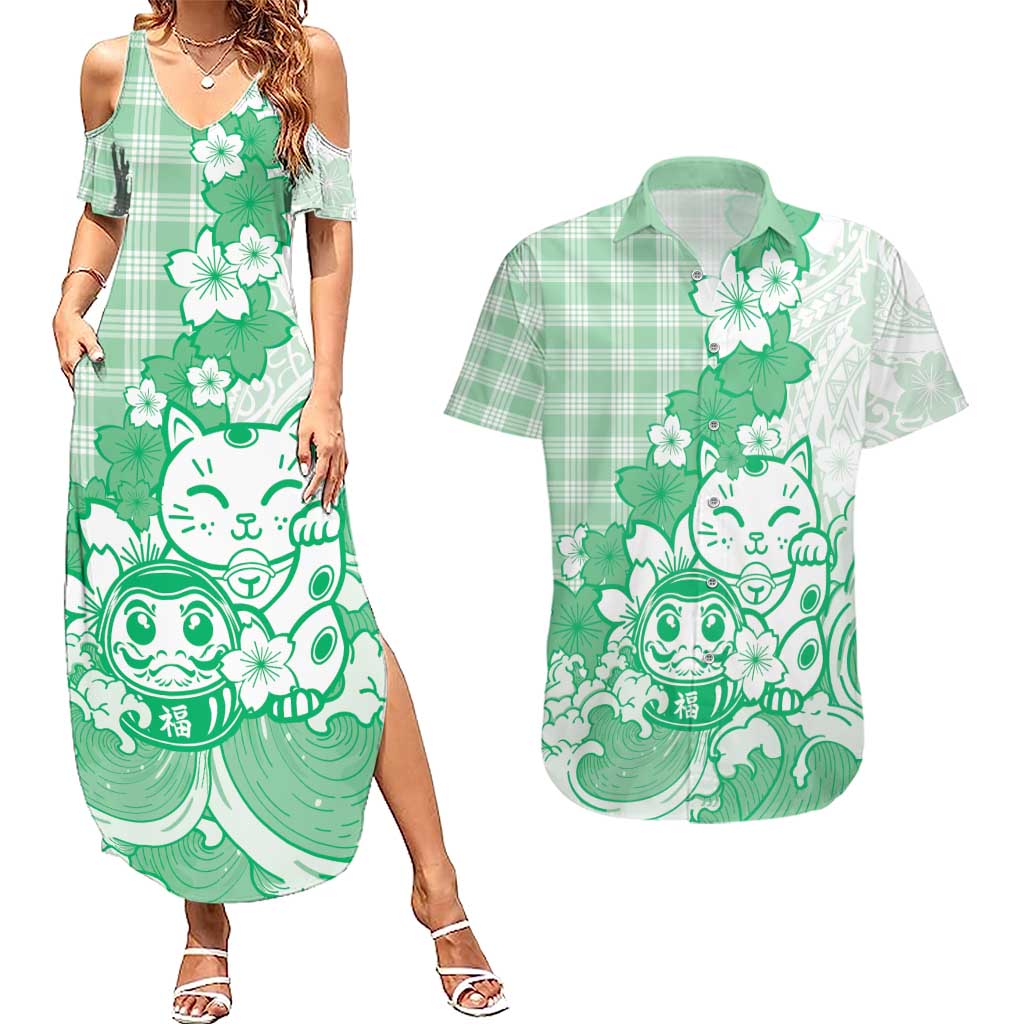 Green Palaka Hawaiian And Japanese Couples Matching Summer Maxi Dress and Hawaiian Shirt Maneki Neko And Sakura Bloom