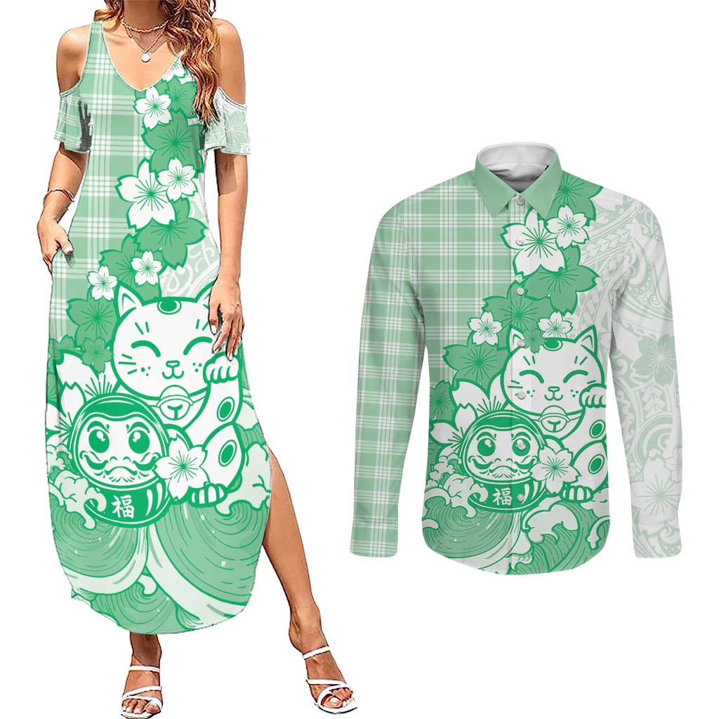 Green Palaka Hawaiian And Japanese Couples Matching Summer Maxi Dress and Long Sleeve Button Shirt Maneki Neko And Sakura Bloom