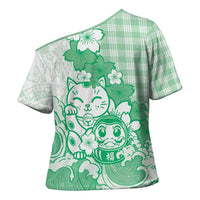 Green Palaka Hawaiian And Japanese Cross Shoulder Shirt Maneki Neko And Sakura Bloom