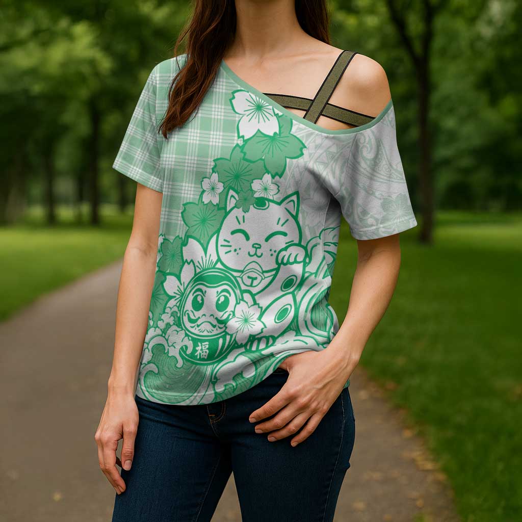 Green Palaka Hawaiian And Japanese Cross Shoulder Shirt Maneki Neko And Sakura Bloom