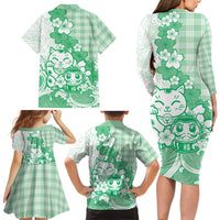 Green Palaka Hawaiian And Japanese Family Matching Long Sleeve Bodycon Dress and Hawaiian Shirt Maneki Neko And Sakura Bloom
