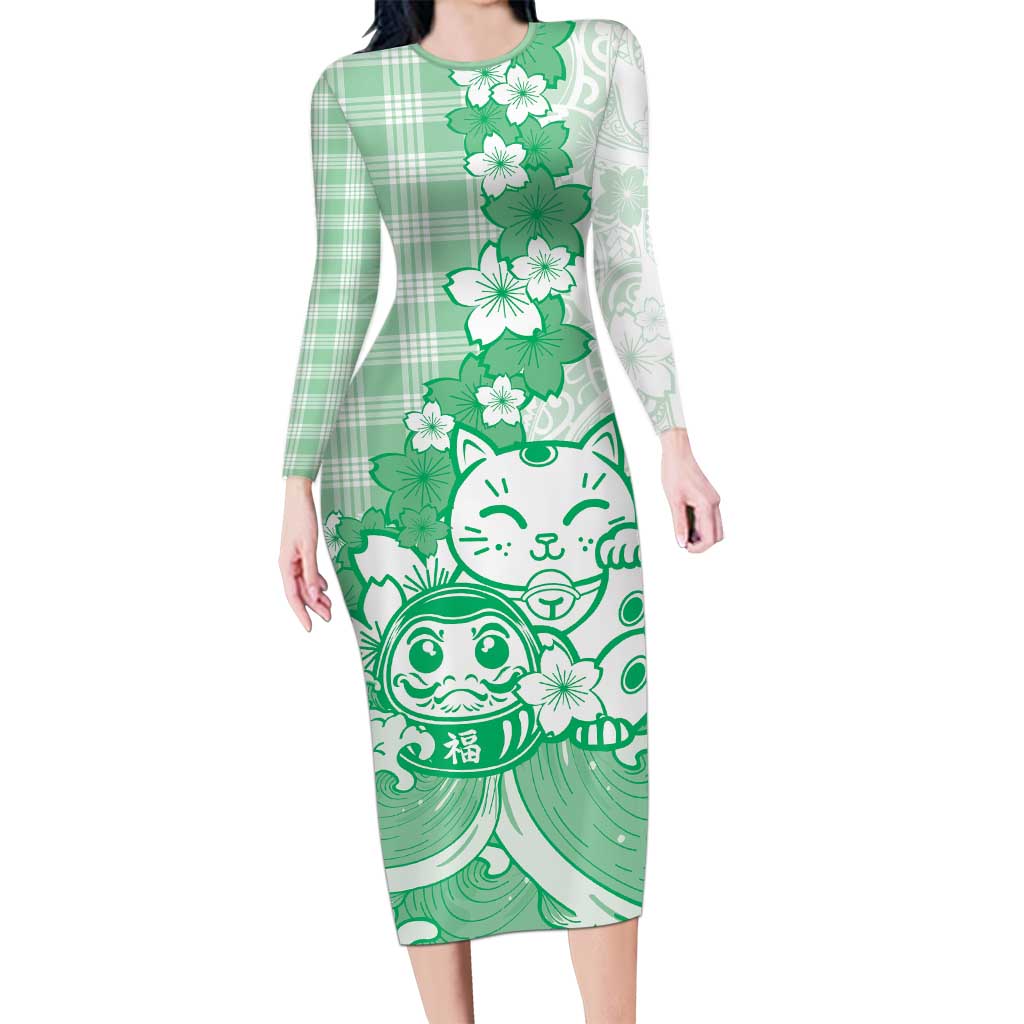 Green Palaka Hawaiian And Japanese Family Matching Long Sleeve Bodycon Dress and Hawaiian Shirt Maneki Neko And Sakura Bloom