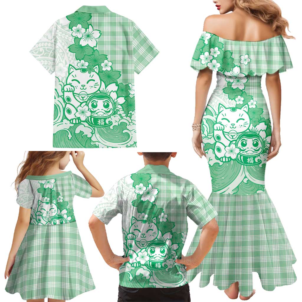 Green Palaka Hawaiian And Japanese Family Matching Mermaid Dress and Hawaiian Shirt Maneki Neko And Sakura Bloom
