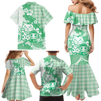 Green Palaka Hawaiian And Japanese Family Matching Mermaid Dress and Hawaiian Shirt Maneki Neko And Sakura Bloom