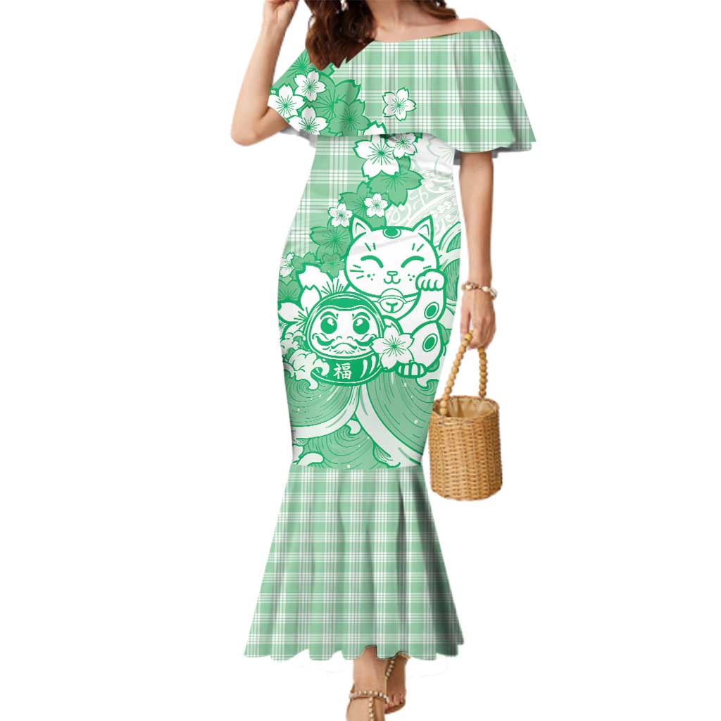 Green Palaka Hawaiian And Japanese Family Matching Mermaid Dress and Hawaiian Shirt Maneki Neko And Sakura Bloom