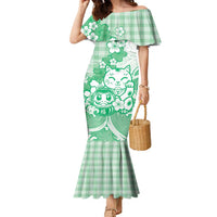Green Palaka Hawaiian And Japanese Family Matching Mermaid Dress and Hawaiian Shirt Maneki Neko And Sakura Bloom