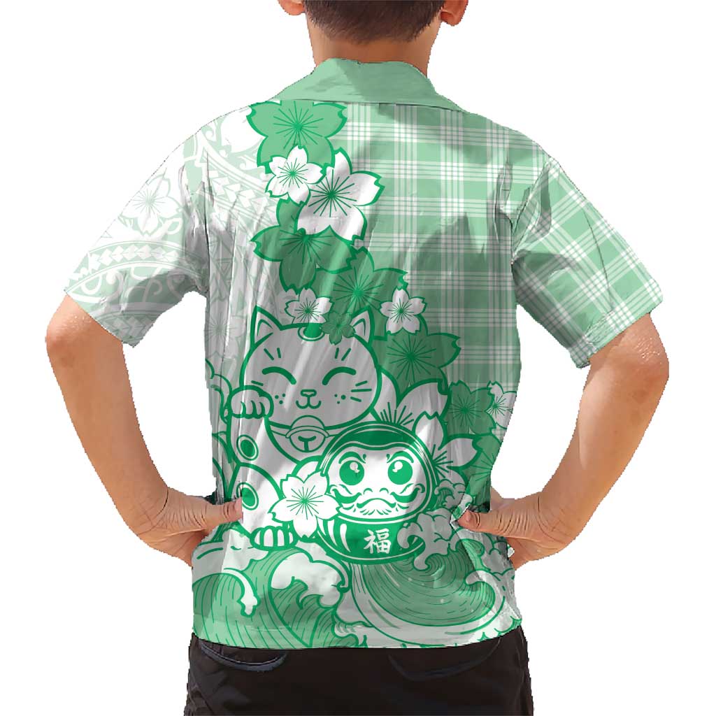 Green Palaka Hawaiian And Japanese Family Matching Off The Shoulder Long Sleeve Dress and Hawaiian Shirt Maneki Neko And Sakura Bloom