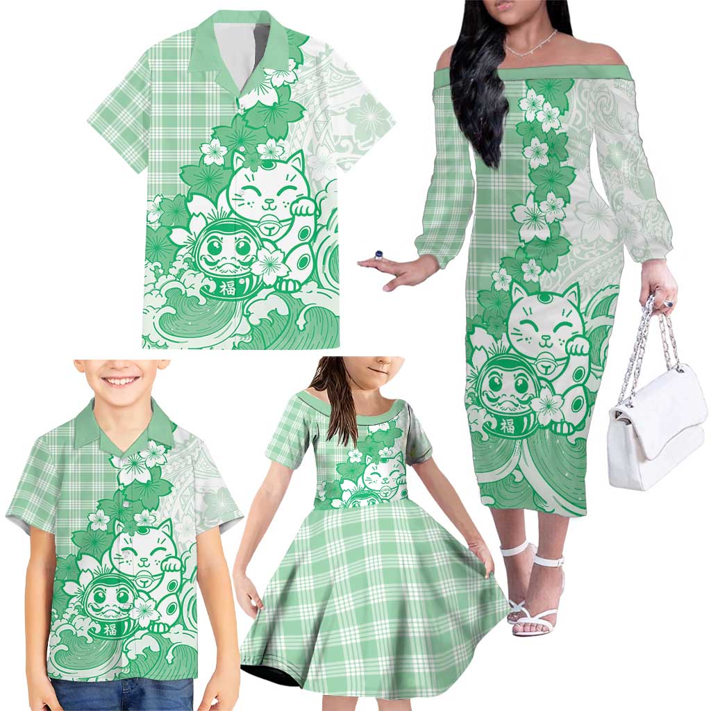 Green Palaka Hawaiian And Japanese Family Matching Off The Shoulder Long Sleeve Dress and Hawaiian Shirt Maneki Neko And Sakura Bloom