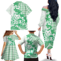 Green Palaka Hawaiian And Japanese Family Matching Off The Shoulder Long Sleeve Dress and Hawaiian Shirt Maneki Neko And Sakura Bloom
