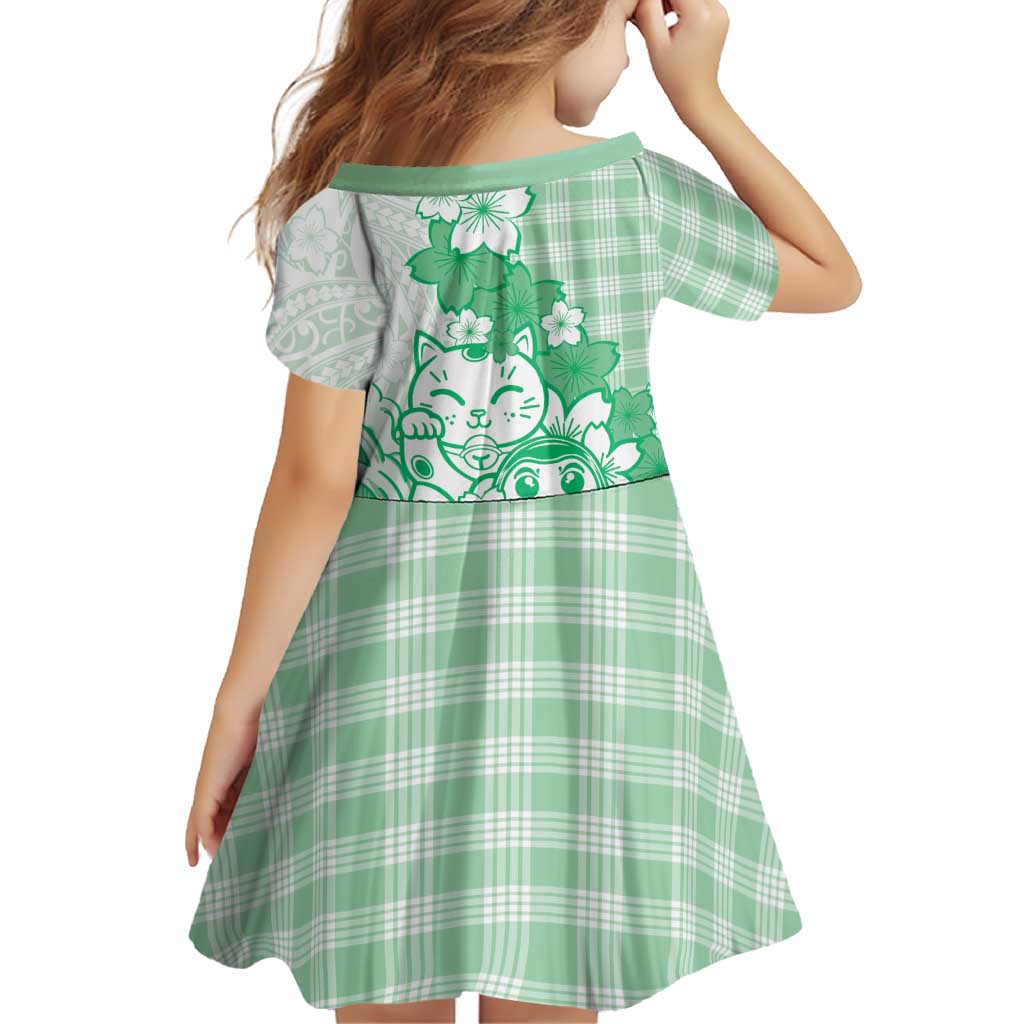 Green Palaka Hawaiian And Japanese Family Matching Off Shoulder Maxi Dress and Hawaiian Shirt Maneki Neko And Sakura Bloom