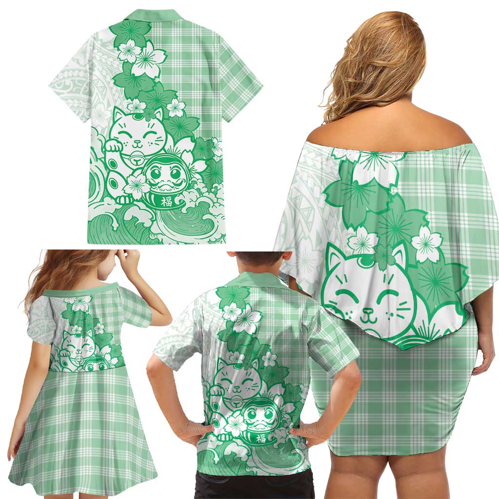 Green Palaka Hawaiian And Japanese Family Matching Off Shoulder Short Dress and Hawaiian Shirt Maneki Neko And Sakura Bloom