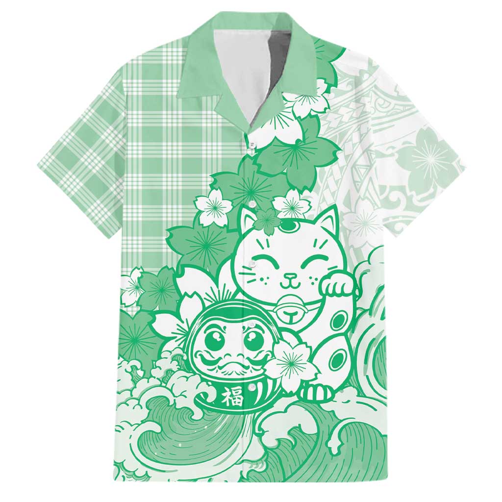 Green Palaka Hawaiian And Japanese Family Matching Off Shoulder Short Dress and Hawaiian Shirt Maneki Neko And Sakura Bloom
