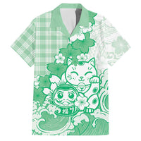 Green Palaka Hawaiian And Japanese Family Matching Off Shoulder Short Dress and Hawaiian Shirt Maneki Neko And Sakura Bloom
