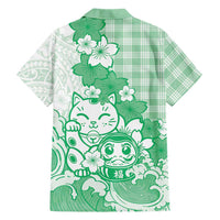 Green Palaka Hawaiian And Japanese Family Matching Off Shoulder Short Dress and Hawaiian Shirt Maneki Neko And Sakura Bloom