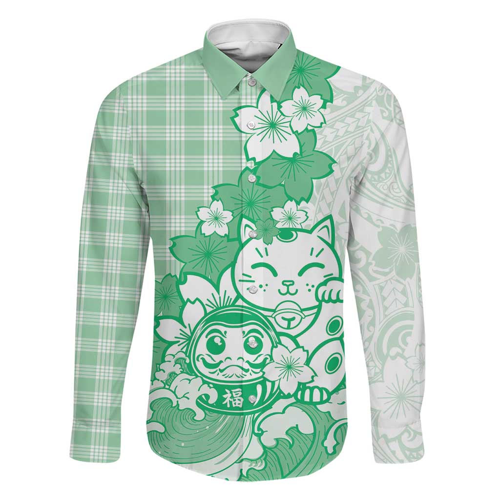 Green Palaka Hawaiian And Japanese Family Matching Off Shoulder Short Dress and Hawaiian Shirt Maneki Neko And Sakura Bloom