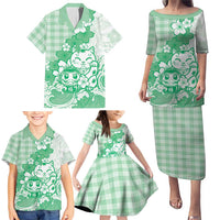 Green Palaka Hawaiian And Japanese Family Matching Puletasi and Hawaiian Shirt Maneki Neko And Sakura Bloom