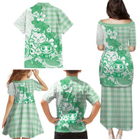 Green Palaka Hawaiian And Japanese Family Matching Puletasi and Hawaiian Shirt Maneki Neko And Sakura Bloom