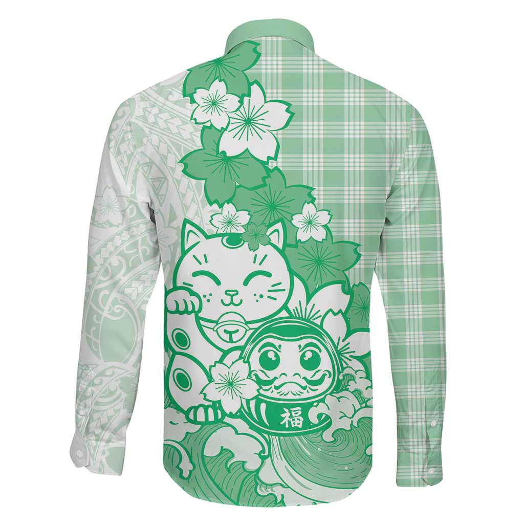 Green Palaka Hawaiian And Japanese Family Matching Short Sleeve Bodycon Dress and Hawaiian Shirt Maneki Neko And Sakura Bloom