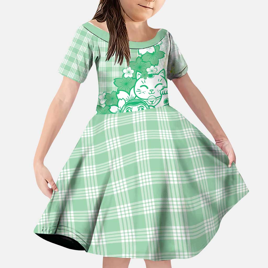Green Palaka Hawaiian And Japanese Family Matching Summer Maxi Dress and Hawaiian Shirt Maneki Neko And Sakura Bloom