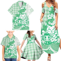 Green Palaka Hawaiian And Japanese Family Matching Summer Maxi Dress and Hawaiian Shirt Maneki Neko And Sakura Bloom