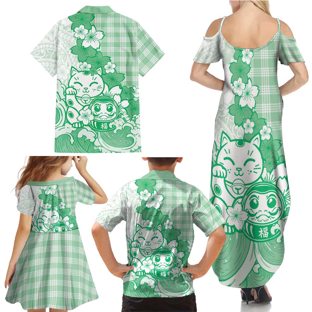 Green Palaka Hawaiian And Japanese Family Matching Summer Maxi Dress and Hawaiian Shirt Maneki Neko And Sakura Bloom
