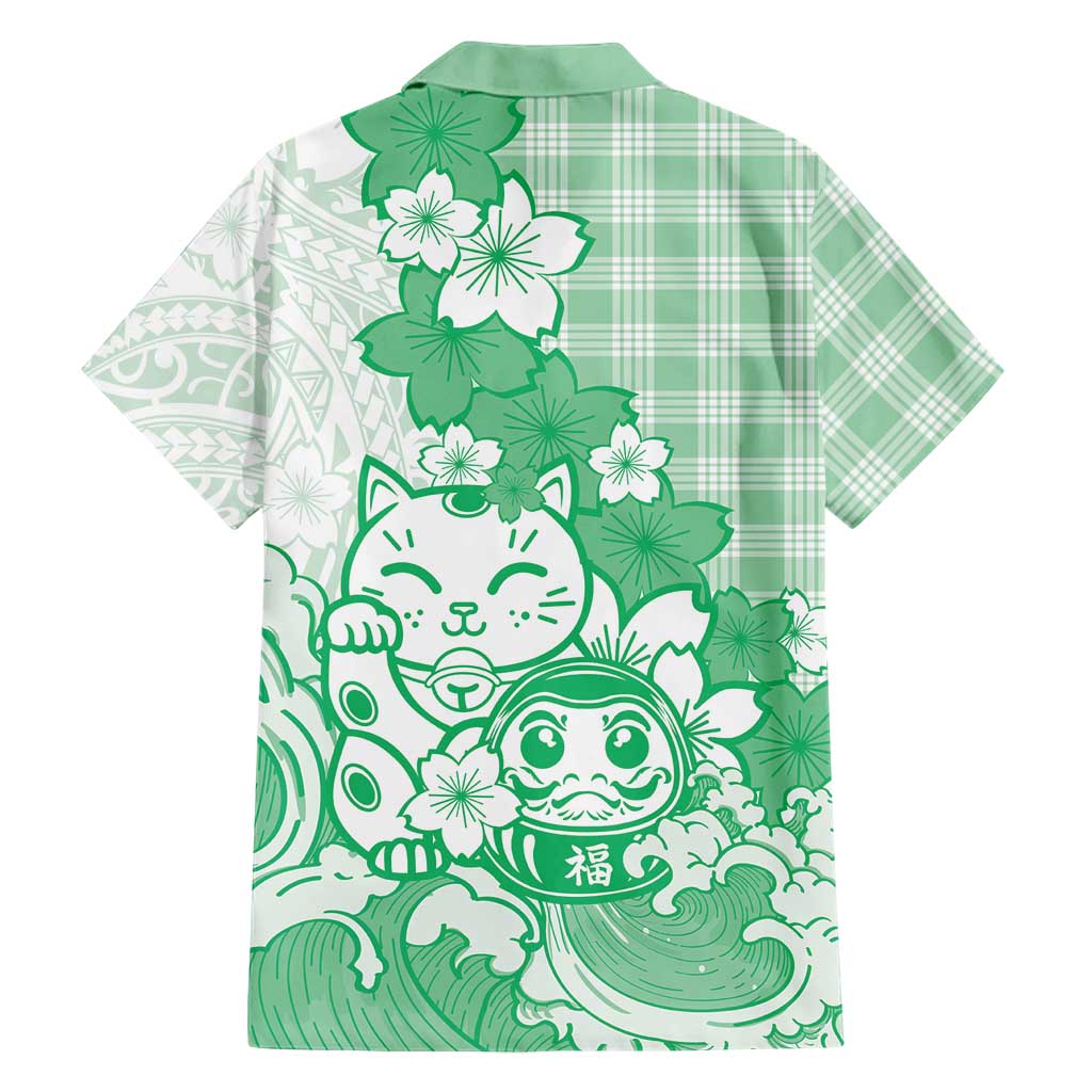 Green Palaka Hawaiian And Japanese Family Matching Summer Maxi Dress and Hawaiian Shirt Maneki Neko And Sakura Bloom