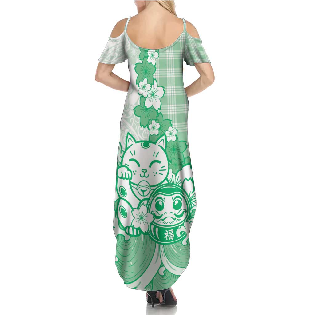 Green Palaka Hawaiian And Japanese Family Matching Summer Maxi Dress and Hawaiian Shirt Maneki Neko And Sakura Bloom