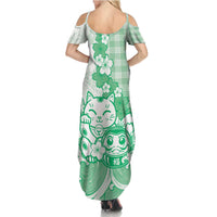 Green Palaka Hawaiian And Japanese Family Matching Summer Maxi Dress and Hawaiian Shirt Maneki Neko And Sakura Bloom