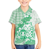 Green Palaka Hawaiian And Japanese Family Matching Summer Maxi Dress and Hawaiian Shirt Maneki Neko And Sakura Bloom